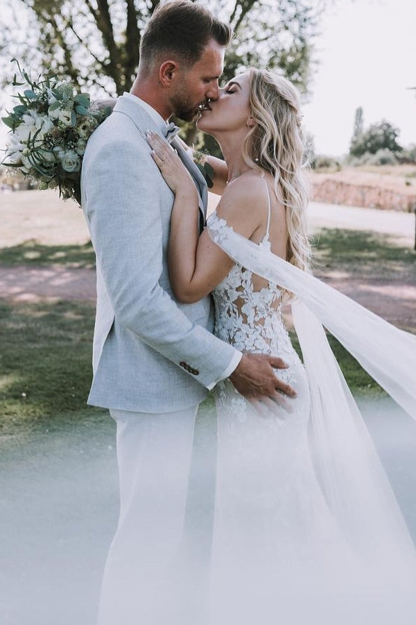 White Wedding Dress V Neck Lace Mermaid Spaghetti Strap Off The Shoulder Cap Sleeves Bridal Gown
