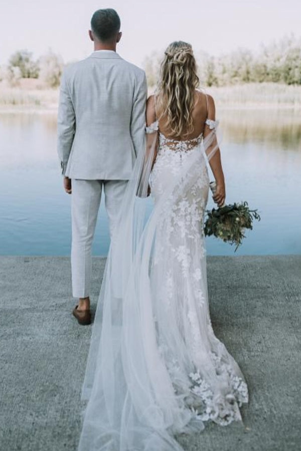 White Wedding Dress V Neck Lace Mermaid Spaghetti Strap Off The Shoulder Cap Sleeves Bridal Gown