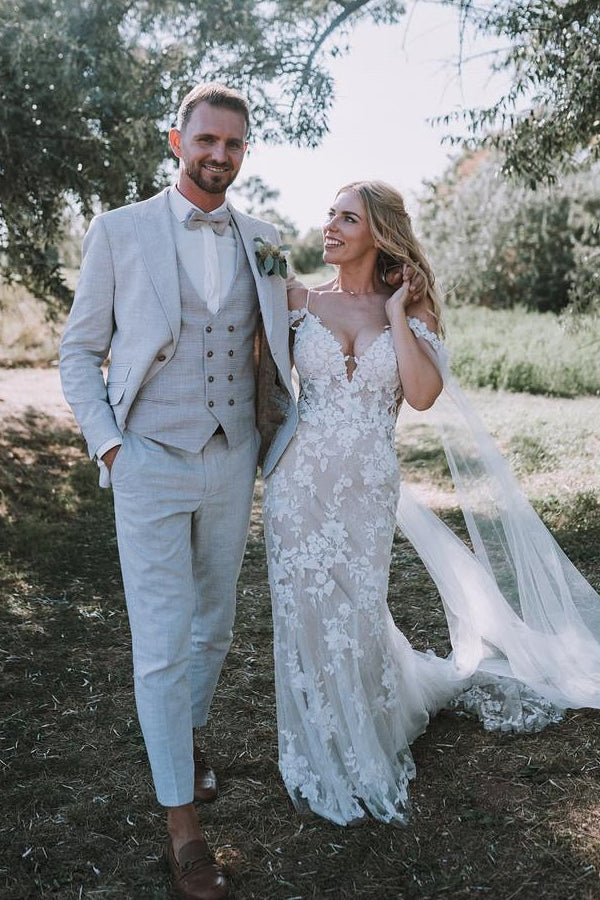White Wedding Dress V Neck Lace Mermaid Spaghetti Strap Off The Shoulder Cap Sleeves Bridal Gown