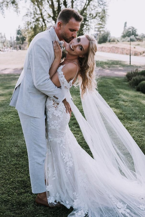 White Wedding Dress V Neck Lace Mermaid Spaghetti Strap Off The Shoulder Cap Sleeves Long Bridal Gown