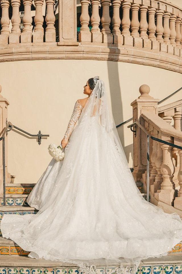 White Wedding Dress V Neck Lace Sequined Ball Gown Long Sleeves Cathedral Train Bridal Gown