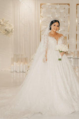 White Wedding Dress V Neck Lace Sequined Ball Gown Sleeves Cathedral Train Bridal Gown