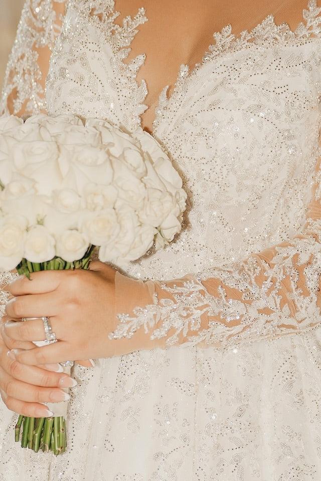 White Wedding Dress V Neck Lace Sequined Ball Gown Sleeves Cathedral Train Bridal Gown