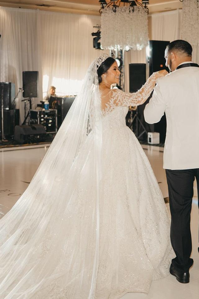 White Wedding Dress V Neck Lace Sequined Ball Gown Sleeves Cathedral Train Bridal Gown