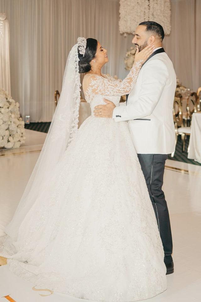 White Wedding Dress V Neck Lace Sequined Ball Gown Sleeves Cathedral Train Bridal Gown