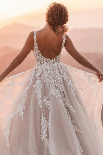 White Wedding Dress V Neck Spaghetti Strap A Line Backless Tulle Lace Bridal Gown With Appliques