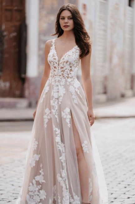 White Wedding Dress V Neck Spaghetti Strap A Line Tulle Lace Split Bridal Gown With Appliques