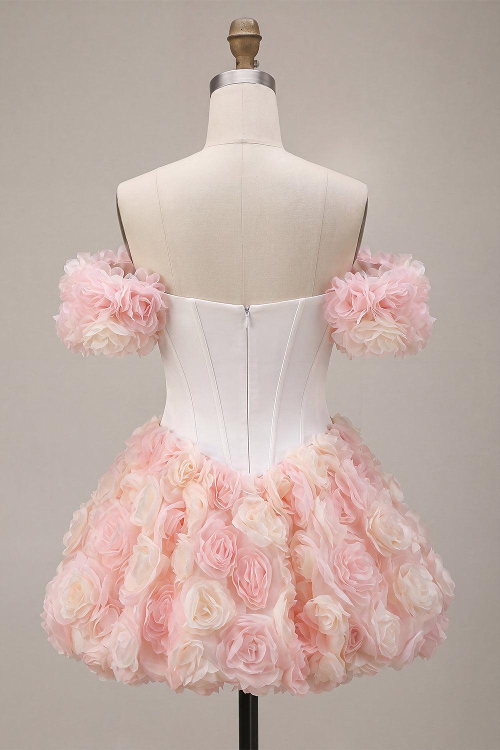 White and Pink A-Line Corset Short Homecoming Dress with 3D Flowers