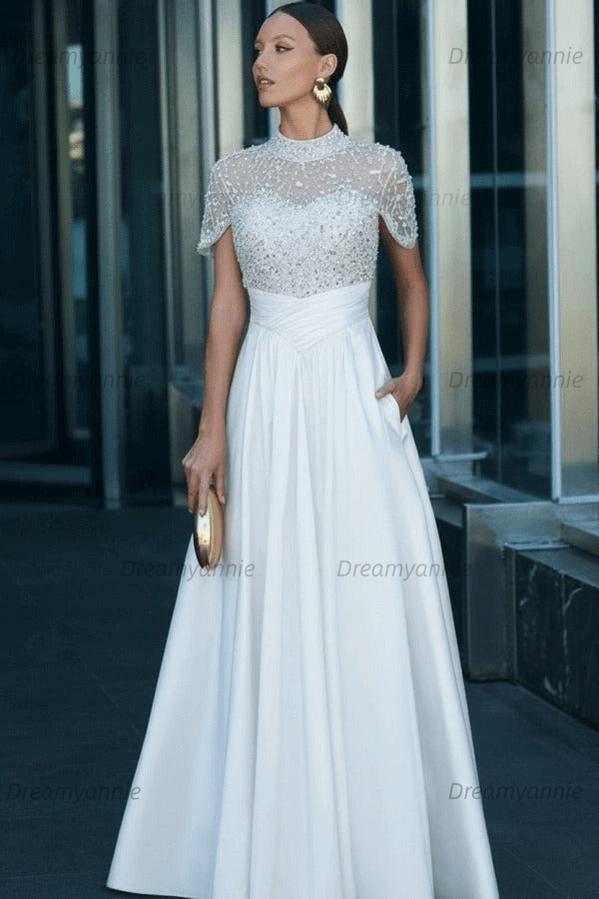 Green A Line Prom Dress Short Sleeve High Neck Beaded Formal Dress