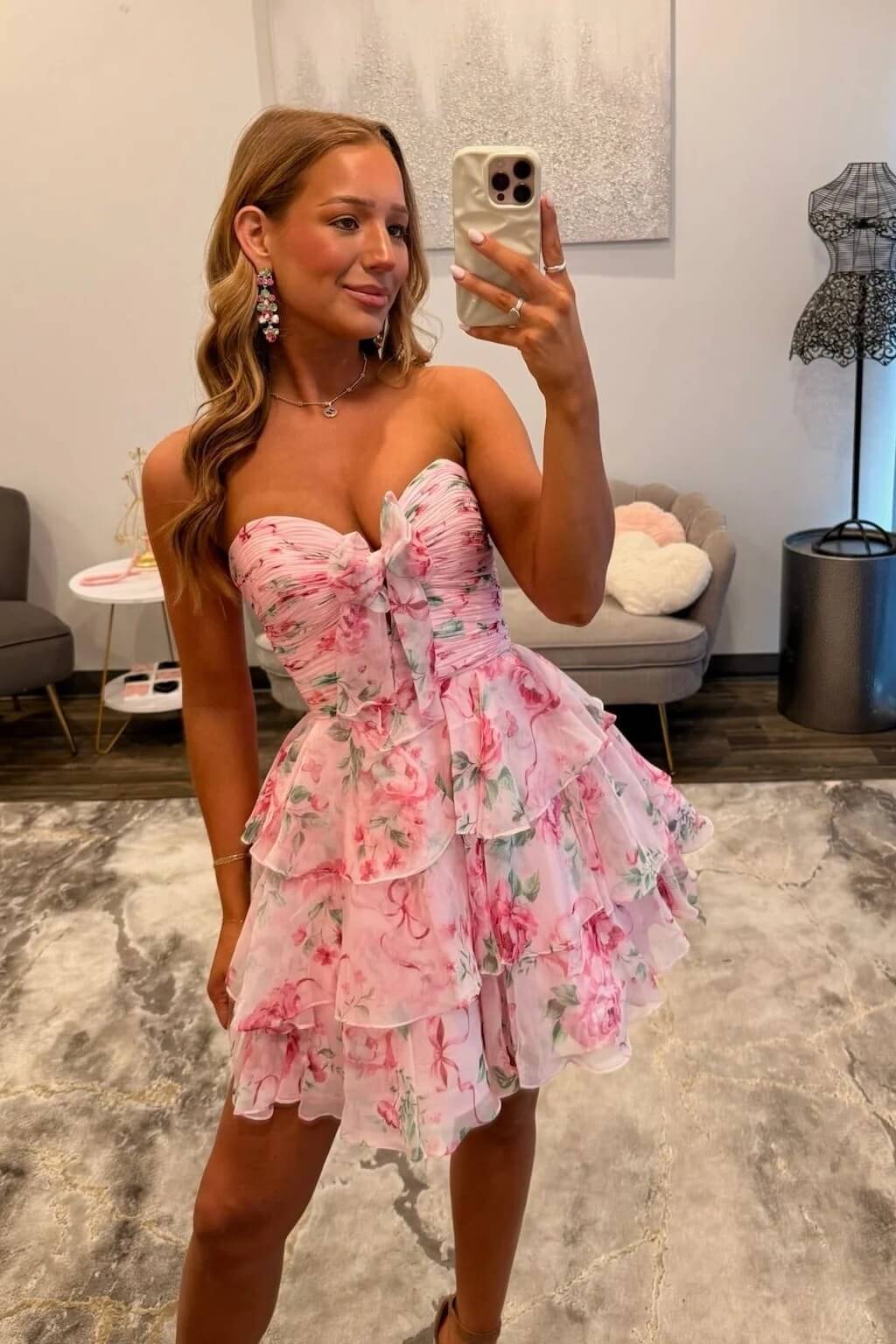 Flower A-Line Tiered Tulle Sweetheart Short Homecoming Dress