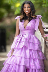 Fuchsia A Line V Neck Ruffled Long Prom Dress