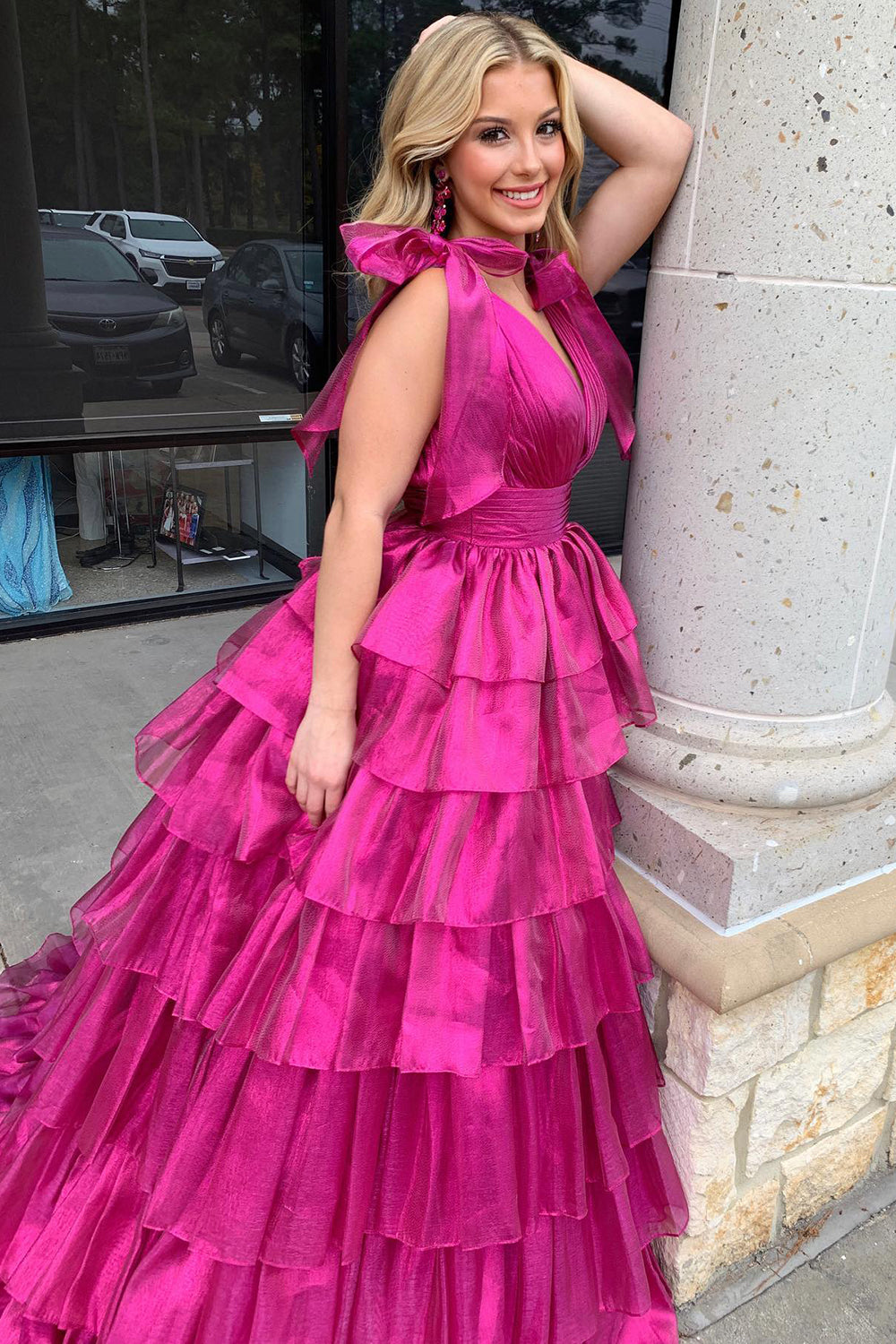 A Line Fuchsia V Neck Tulle Long Prom Dress with Ruffles