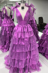 A Line Fuchsia V Neck Tulle Long Prom Dress with Ruffles