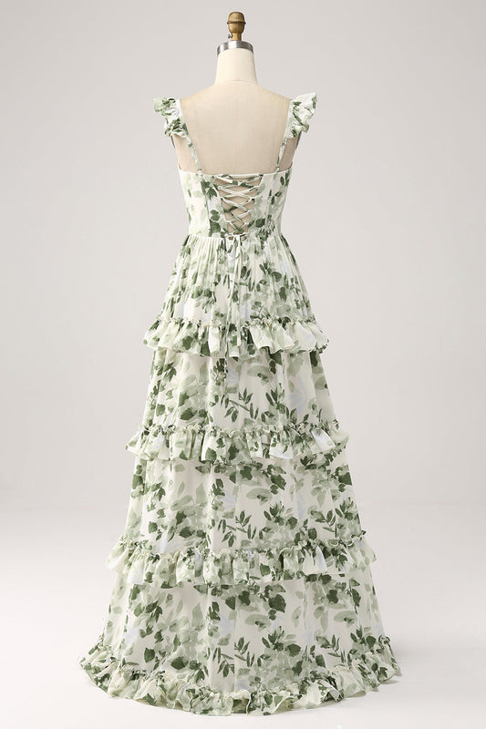 Green Floral Ruffles Tiered Long Prom Dress with Slit