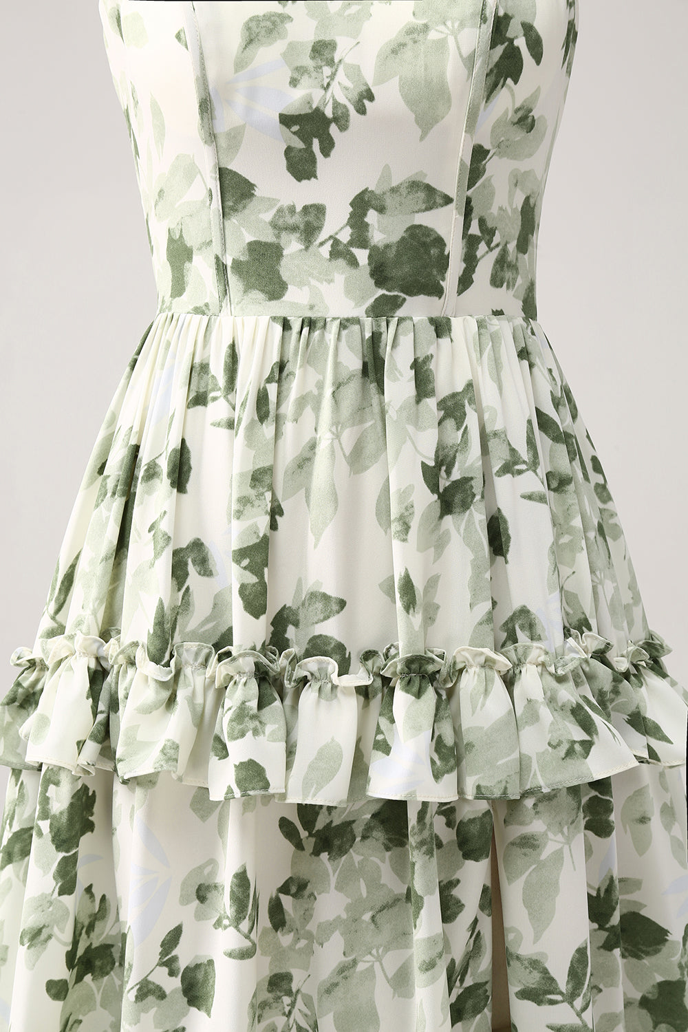 Green Floral Ruffles Tiered Long Prom Dress with Slit