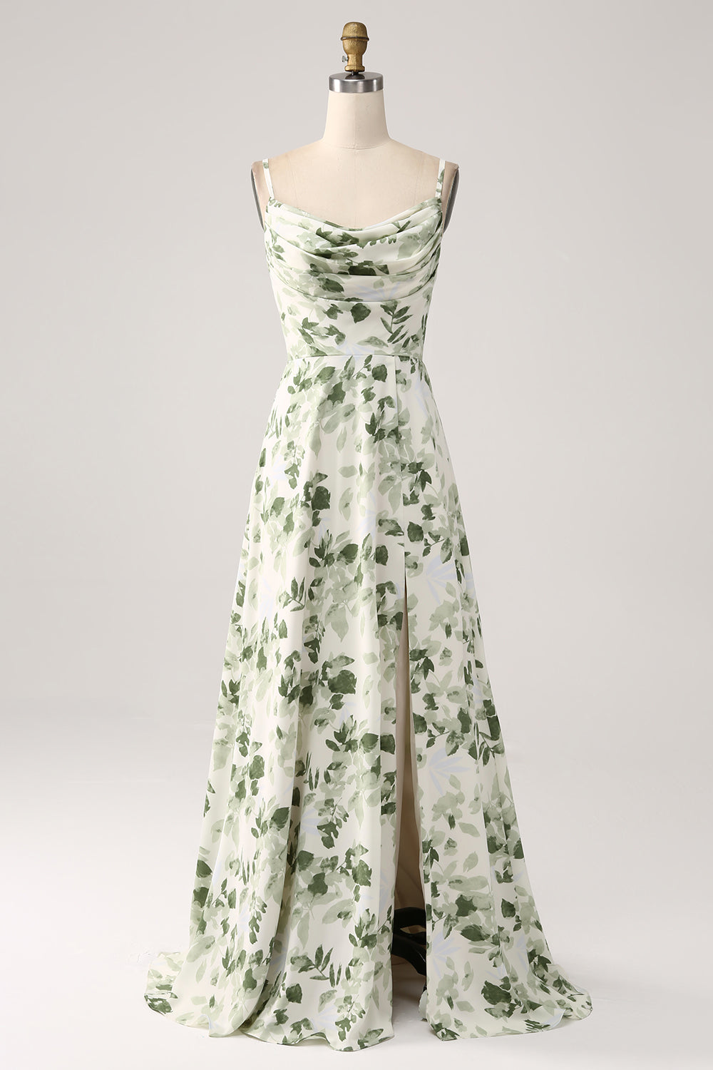 Green Floral A Line Cowl Neck Prom Dress with Slit