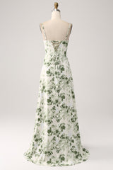 Green Floral A Line Cowl Neck Prom Dress with Slit