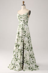 Green Floral A Line Cowl Neck Prom Dress with Slit