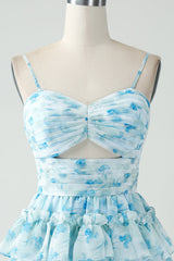 Blue Flower Tiered A Line Short Homecoming Dress