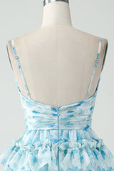 Blue Flower Tiered A Line Short Homecoming Dress