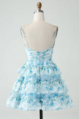 Blue Flower Tiered A Line Short Homecoming Dress