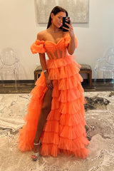 Orange Off The Shoulder Ruffled Long Prom Dress with Slit