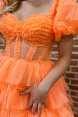 Orange Off The Shoulder Ruffled Long Prom Dress with Slit