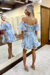 Blue Floral Corset A-Line Short Homecoming Dress