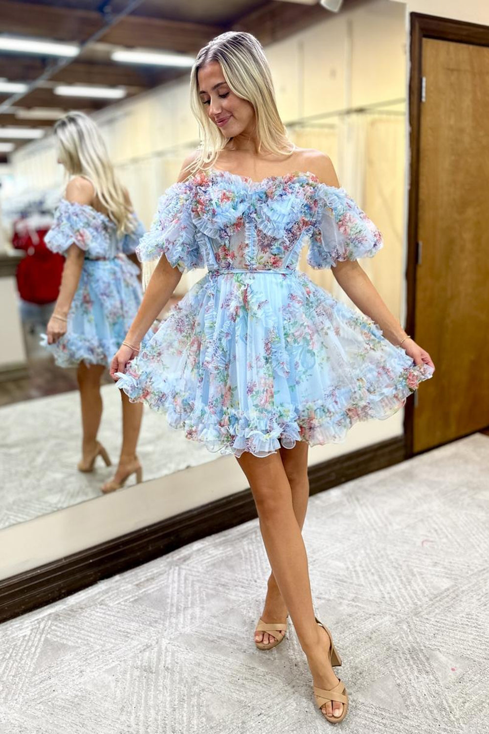 Blue Corset Off The Shoulder Floral A-Line Short Homecoming Dress