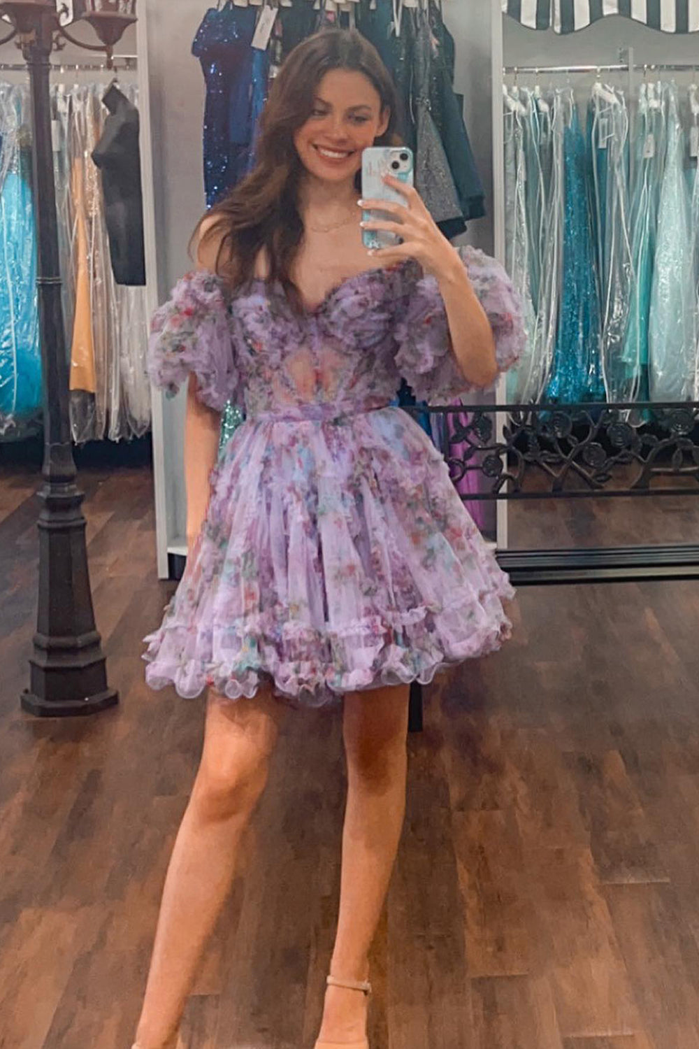 Off the Shoulder Homecoming Dress with Floral Print