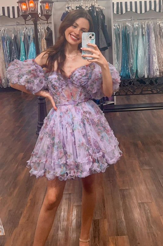 Purple Floral A-Line Short Homecoming Dress