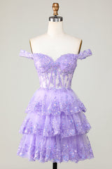 Purple Corset A-Line Tiered Homecoming Dress with Lace