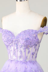 Purple Corset A-Line Tiered Homecoming Dress with Lace