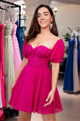 A-Line Fuchsia Corset Chiffon Short Homecoming Dress with Lace