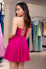 A-Line Fuchsia Corset Chiffon Short Homecoming Dress with Lace