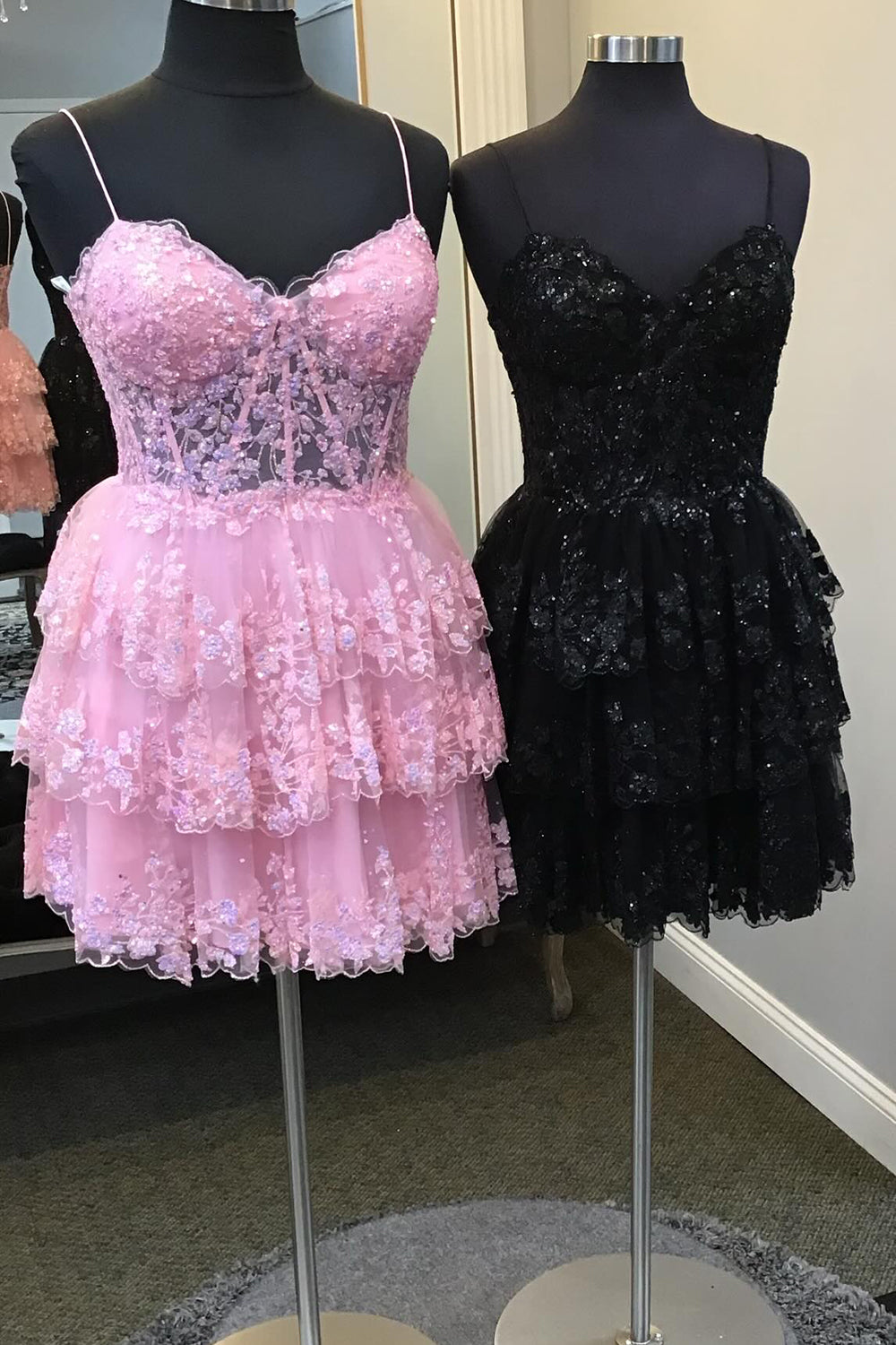 Sparkly Pink Corset Top Spaghetti Straps A-Line Lace Short Homecoming Dress