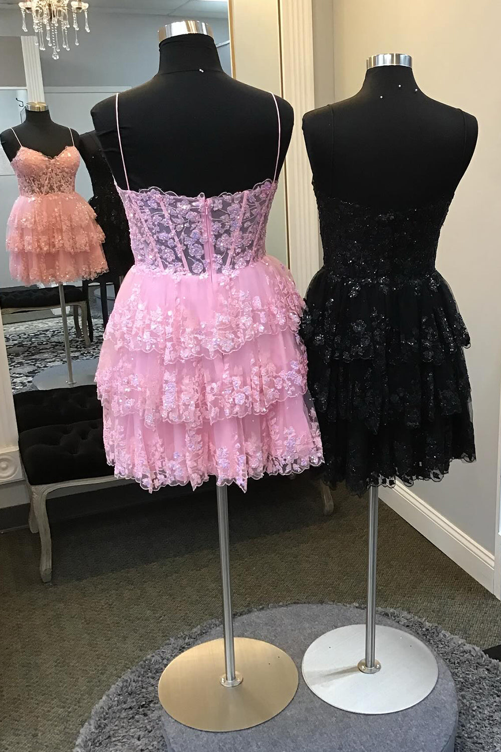 Sparkly Pink Corset Top Spaghetti Straps A-Line Lace Short Homecoming Dress