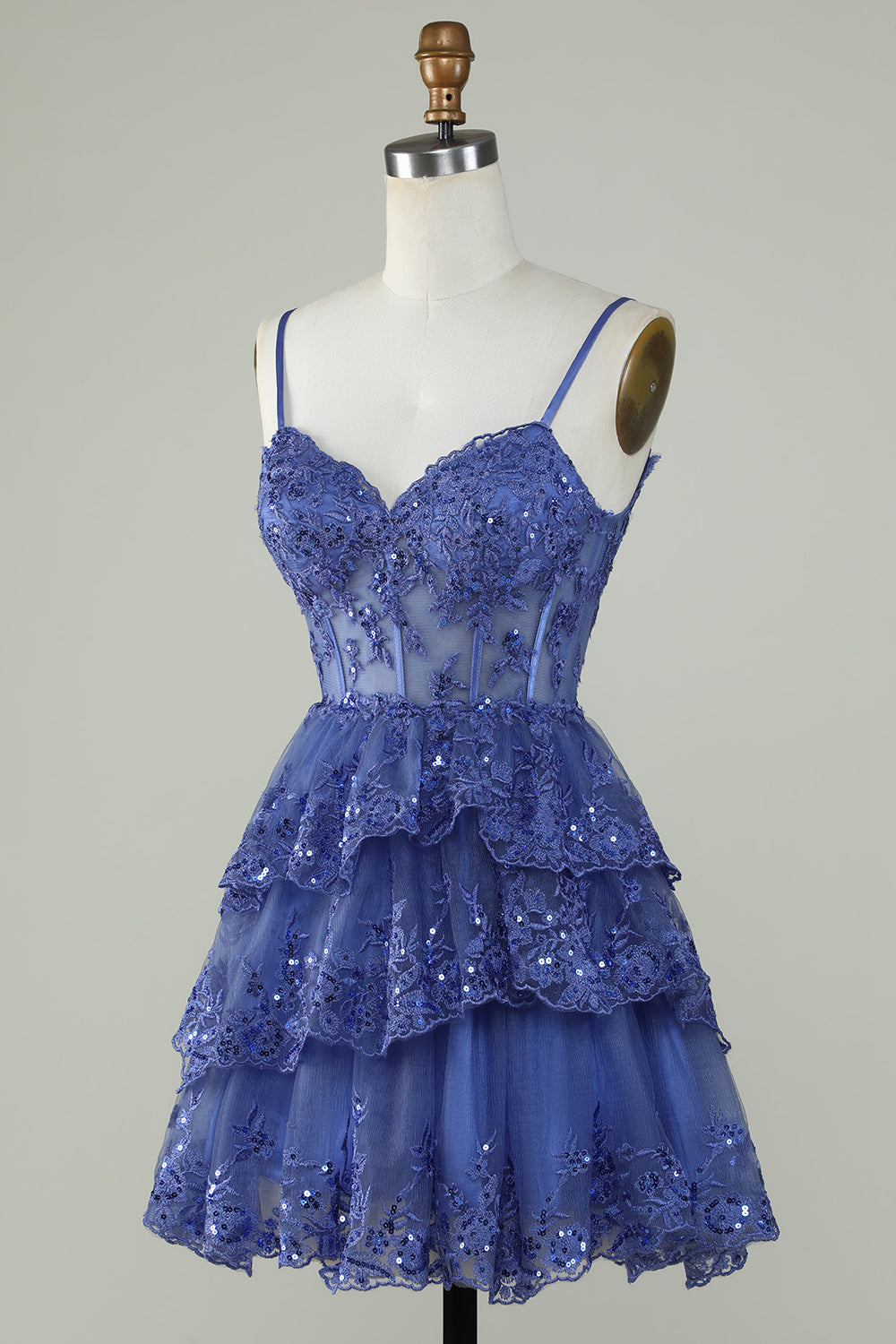 Dark Blue Sparkly Corset A-Line Spaghetti Strap Homecoming Dress