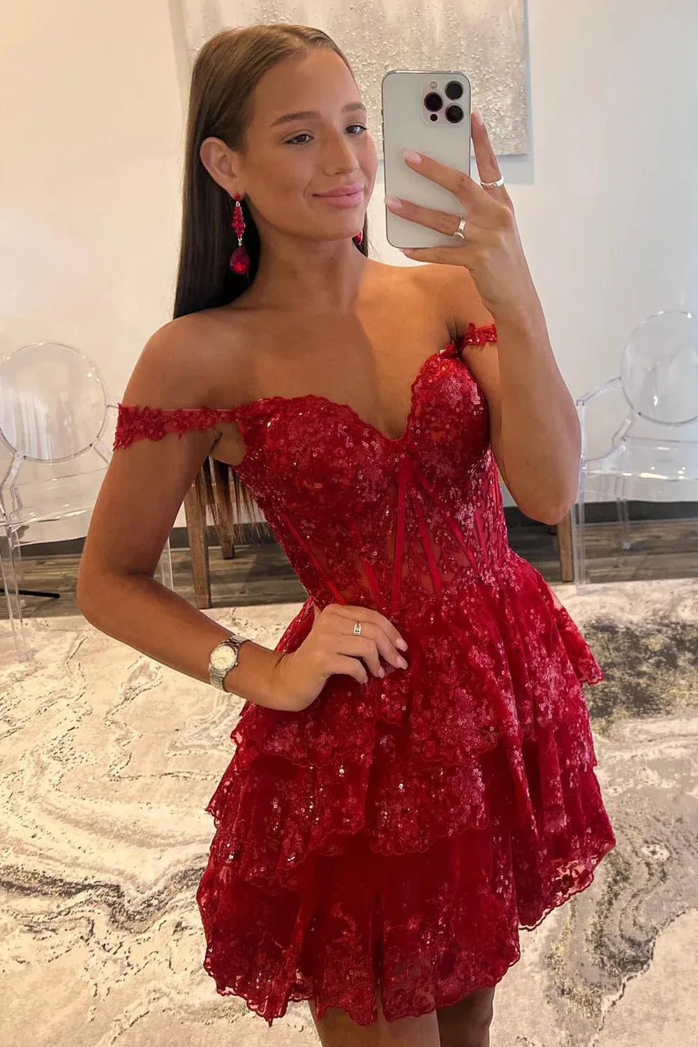 Sparkly Red Off The Shoulder Corset Tiered Short Homecoming Prom Dress with Lace 