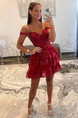 Sparkly Red Off The Shoulder Corset Tiered Short Homecoming Prom Dress with Lace 