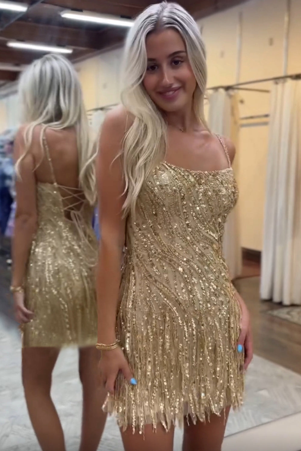 Sparkly Gold Spaghetti Straps Beaded Fringed Tight Short Hoco Dress