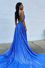 Blue Halter Pleated Long Prom Dress with Slit