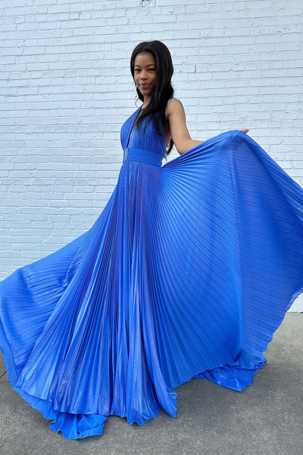 Blue Halter Pleated Long Prom Dress with Slit