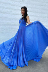 Blue Halter Pleated Long Prom Dress with Slit