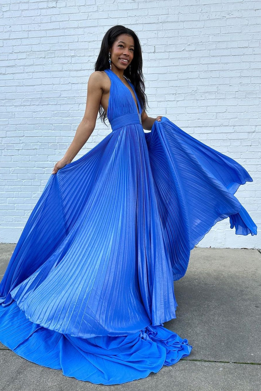 Blue Halter Pleated Long Prom Dress with Slit