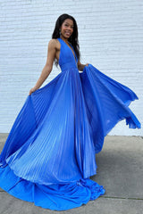 Blue Halter Pleated Long Prom Dress with Slit