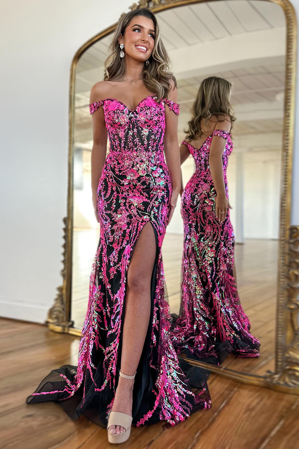 Sparkly Fuchsia Mermaid Corset Sequins Long Prom Dress With Slit