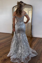 Sparkly Mermaid Off The Shoulder Golden Long Sequins Prom Dress