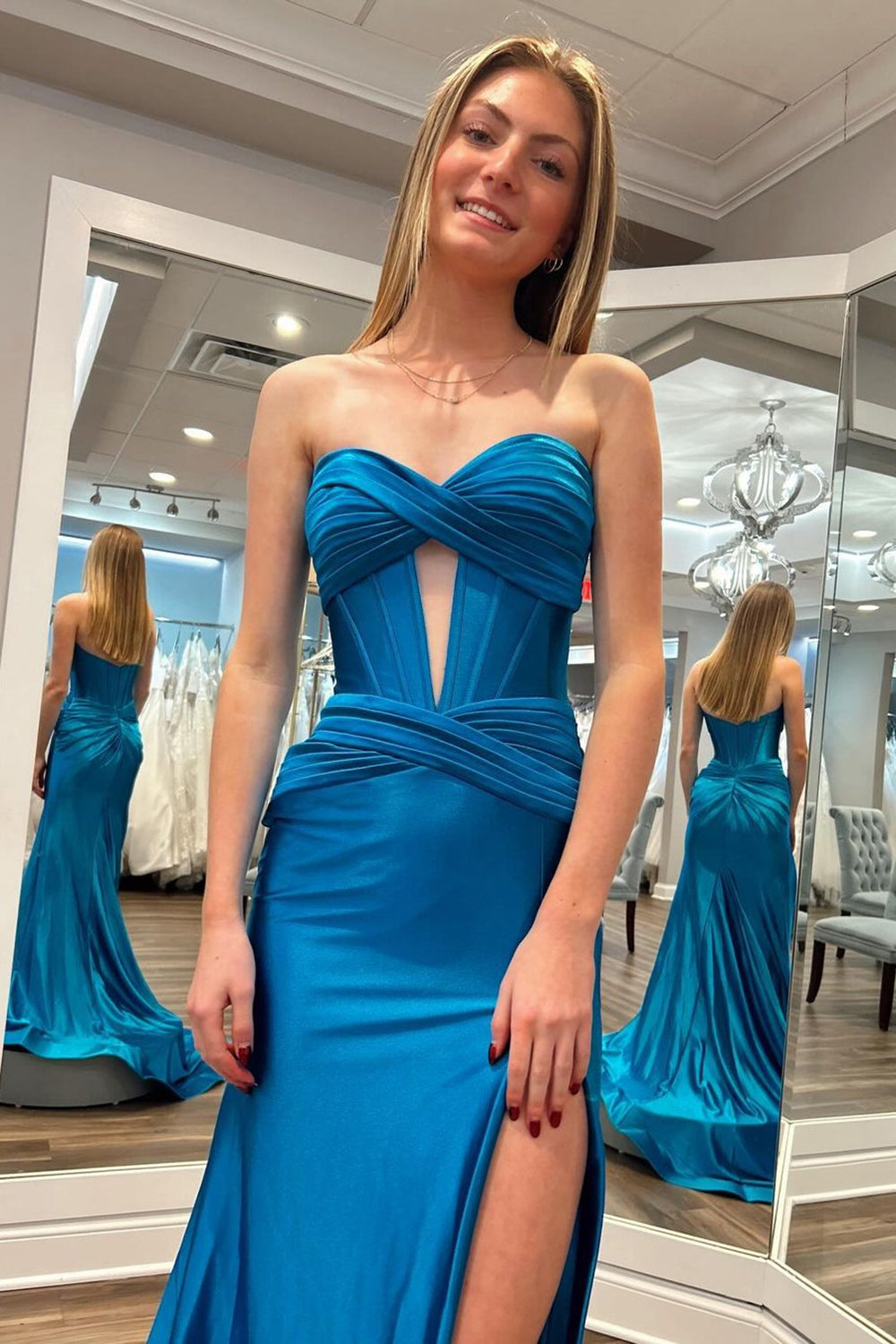 Royal Blue Strapless Mermaid Corset Long Prom Dress With Slit