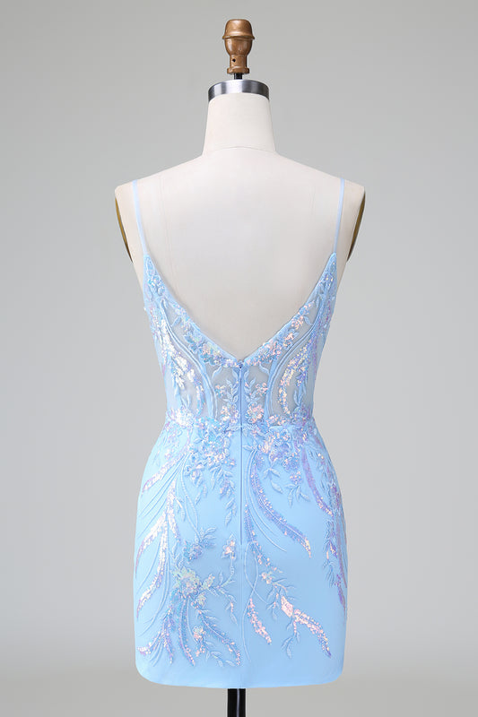 Sparkly Blue Sequins Corset Short Tight Homecoming Dress